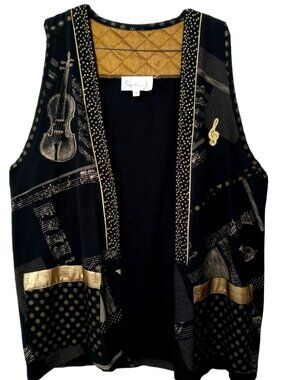 80s Kristin J Music Vest Oversized Small Black Gold Academia Festive